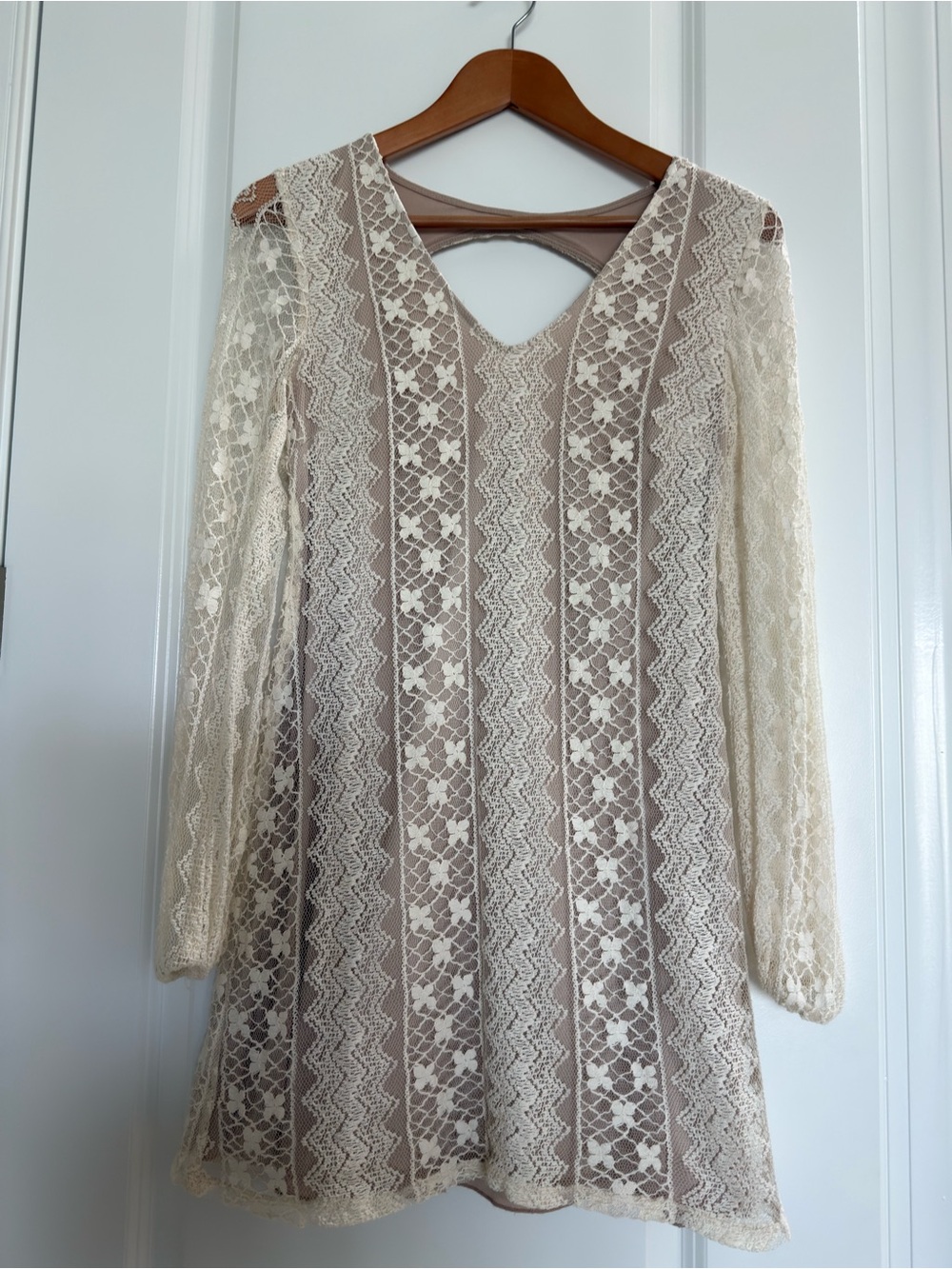 Speechless Lace Overlay Long Sleeve Mini Dress in Beige